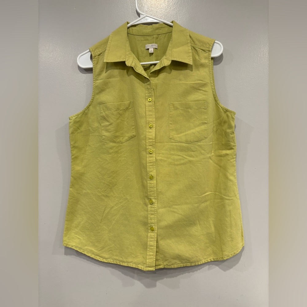 Talbots Womens Green Sleeveless Button-Front Cotton - Linen Blouse Size M
